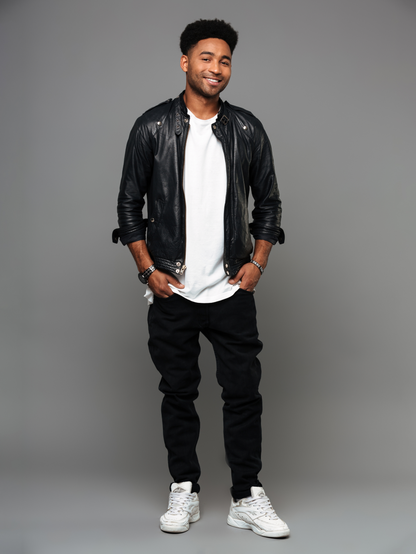 Black Leather With Band Neck Biker Jacket