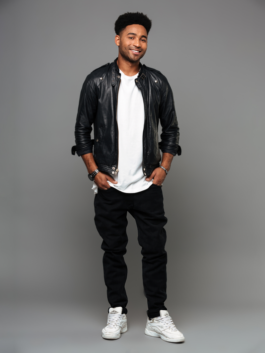 Black Leather With Band Neck Biker Jacket
