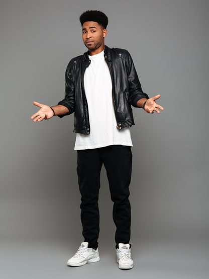 Black Leather With Band Neck Biker Jacket
