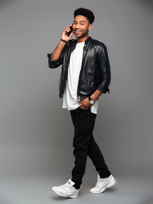 Black Leather With Band Neck Biker Jacket