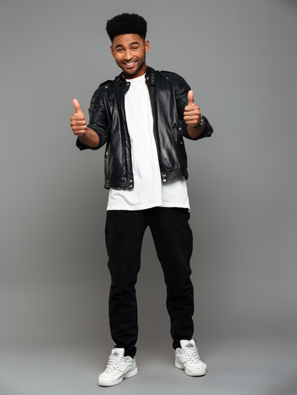 Black Leather With Band Neck Biker Jacket