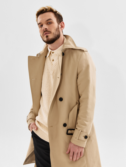 Mens Trench Coat Slim Fit Double Breasted Windproof Coat
