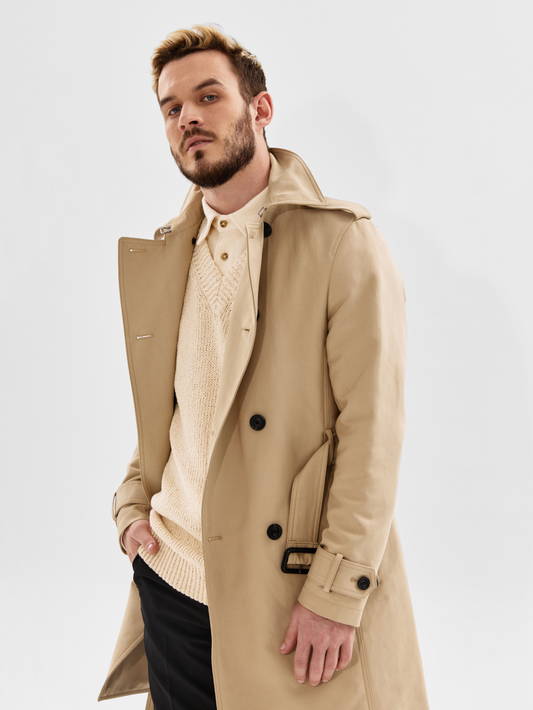 Mens Trench Coat Slim Fit Double Breasted Windproof Coat