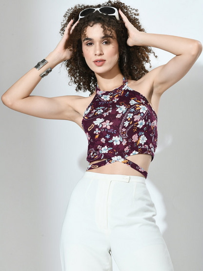 Floral Strappy Self-Tie Crop Top