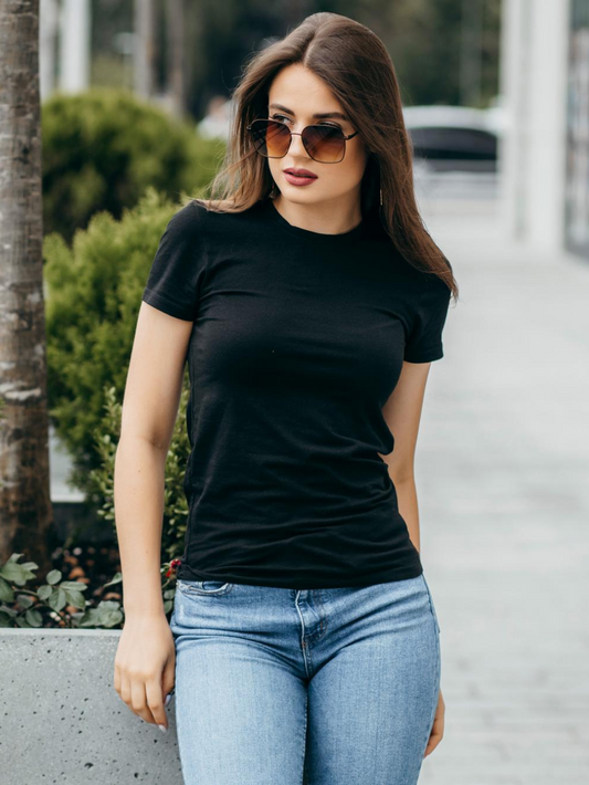 Women's Round Neck Black Half sleeve R&B Solid T-shirt